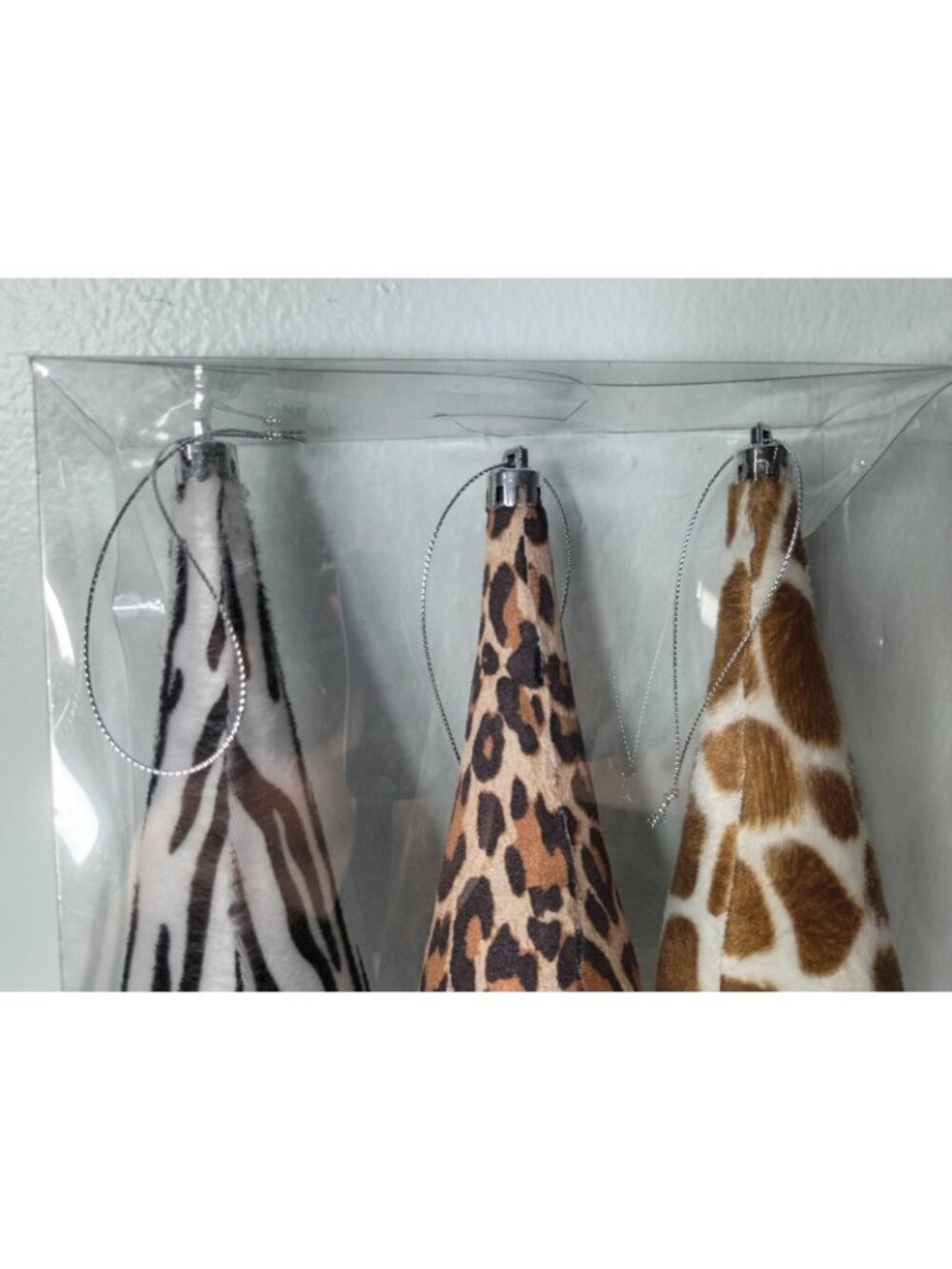 Set of 3 Animal Print Finial Ornaments 13.5" Faux Fur Felt Jungle Cheetah Zebra - Picture 3 of 5
